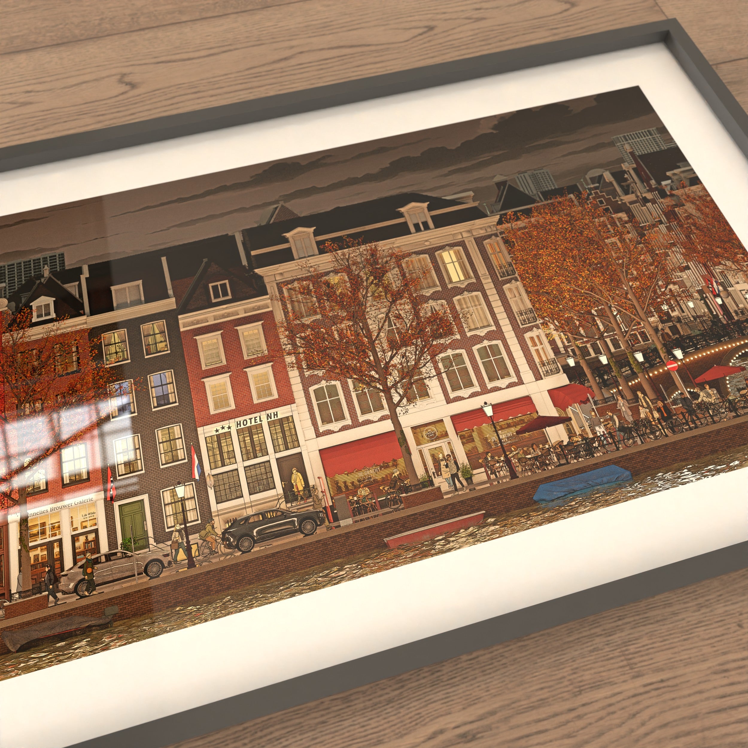 Hyper-detailed Amsterdam gables along tree-lined canals