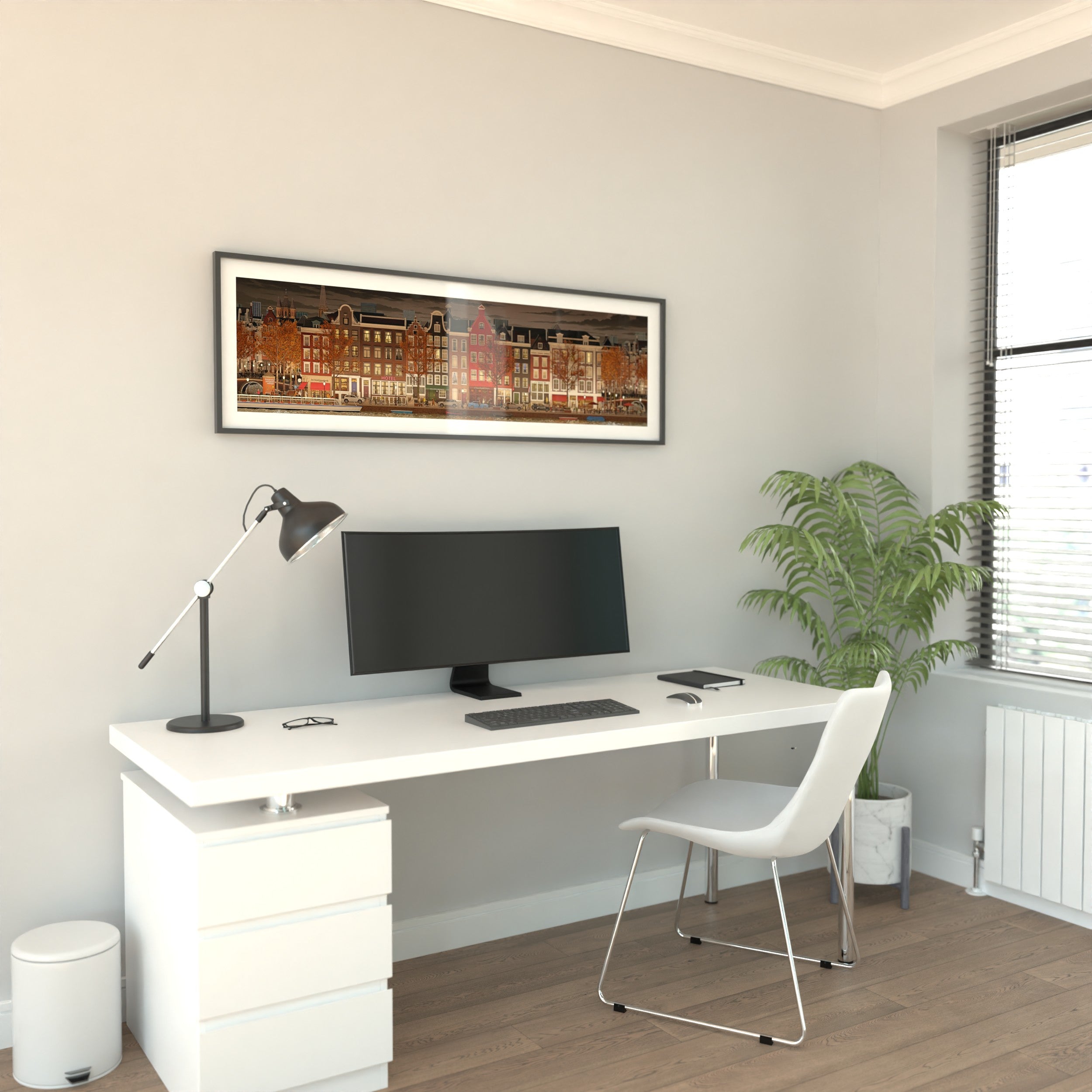 Illustrated Dutch canal scene with narrow houses and reflections