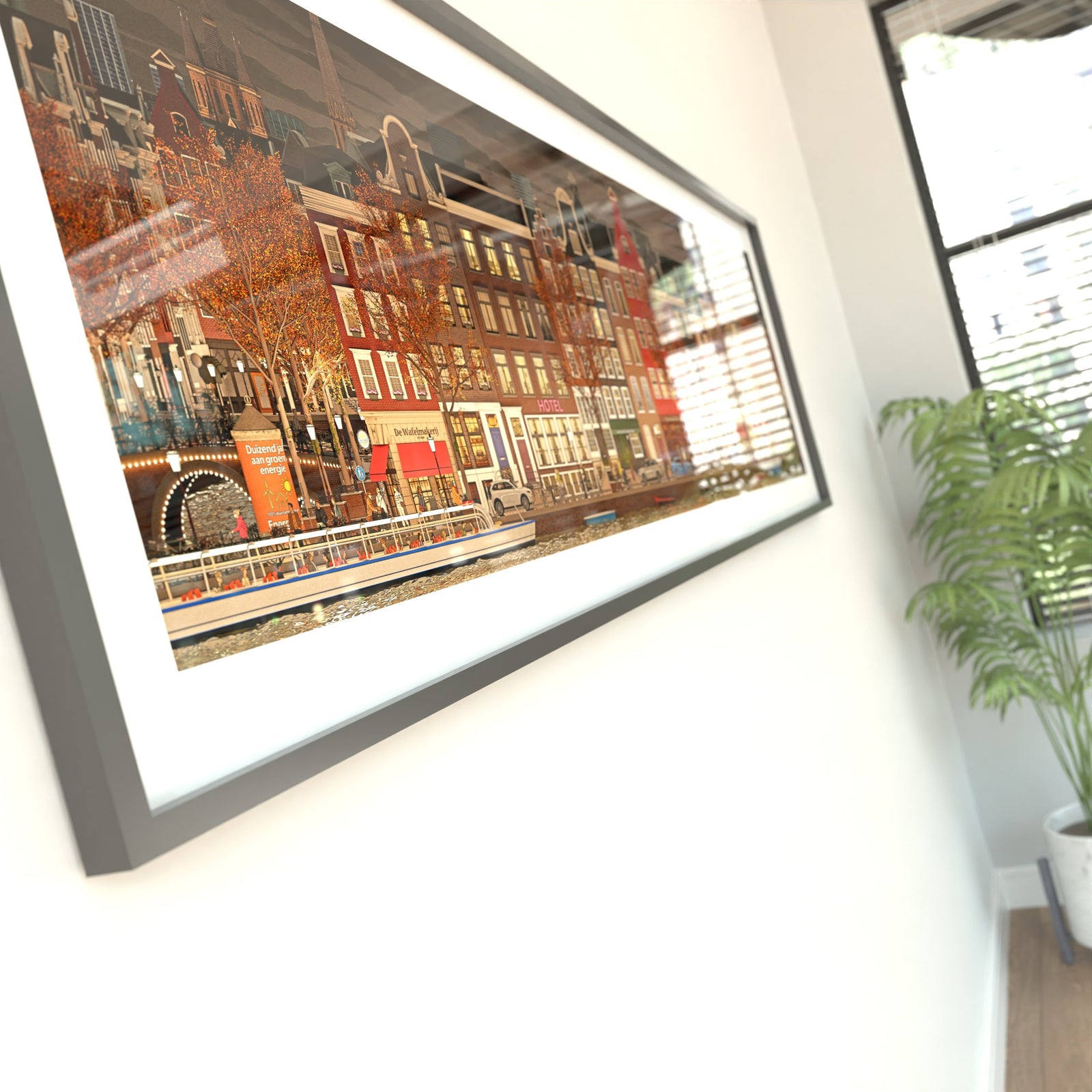 Amsterdam city panorama with bikes, bridges, and lively windows