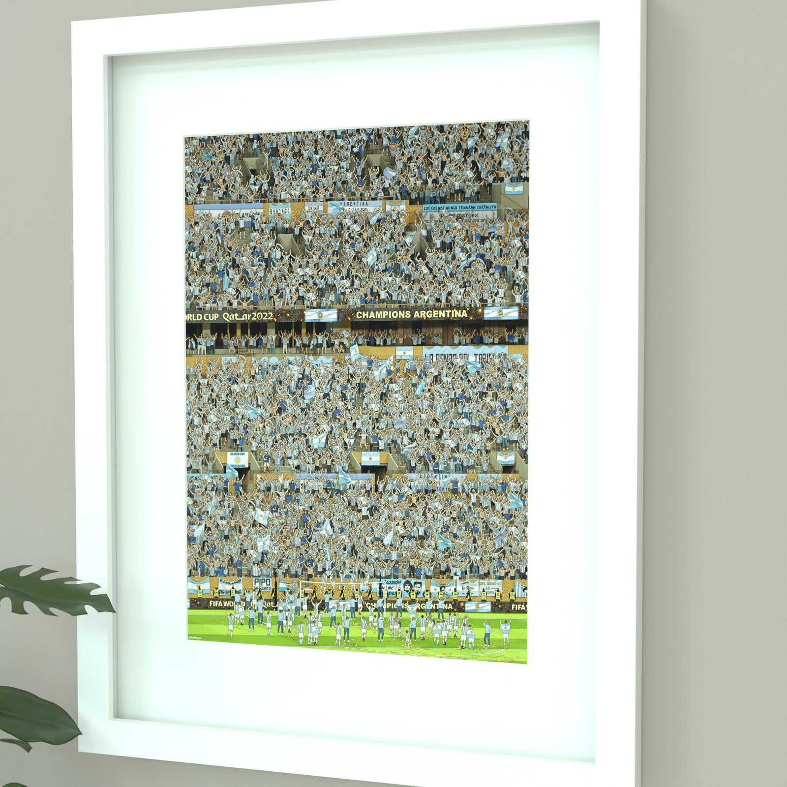 Framed artwork showing an illustrated tribute to Argentina’s 2022 World Cup win, with football-themed details and celebratory styling