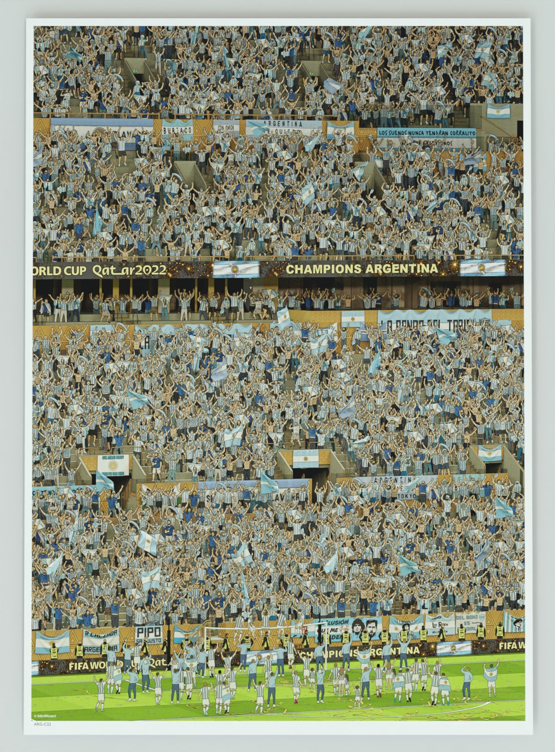 Framed Argentina 2022 World Cup victory illustrated print.