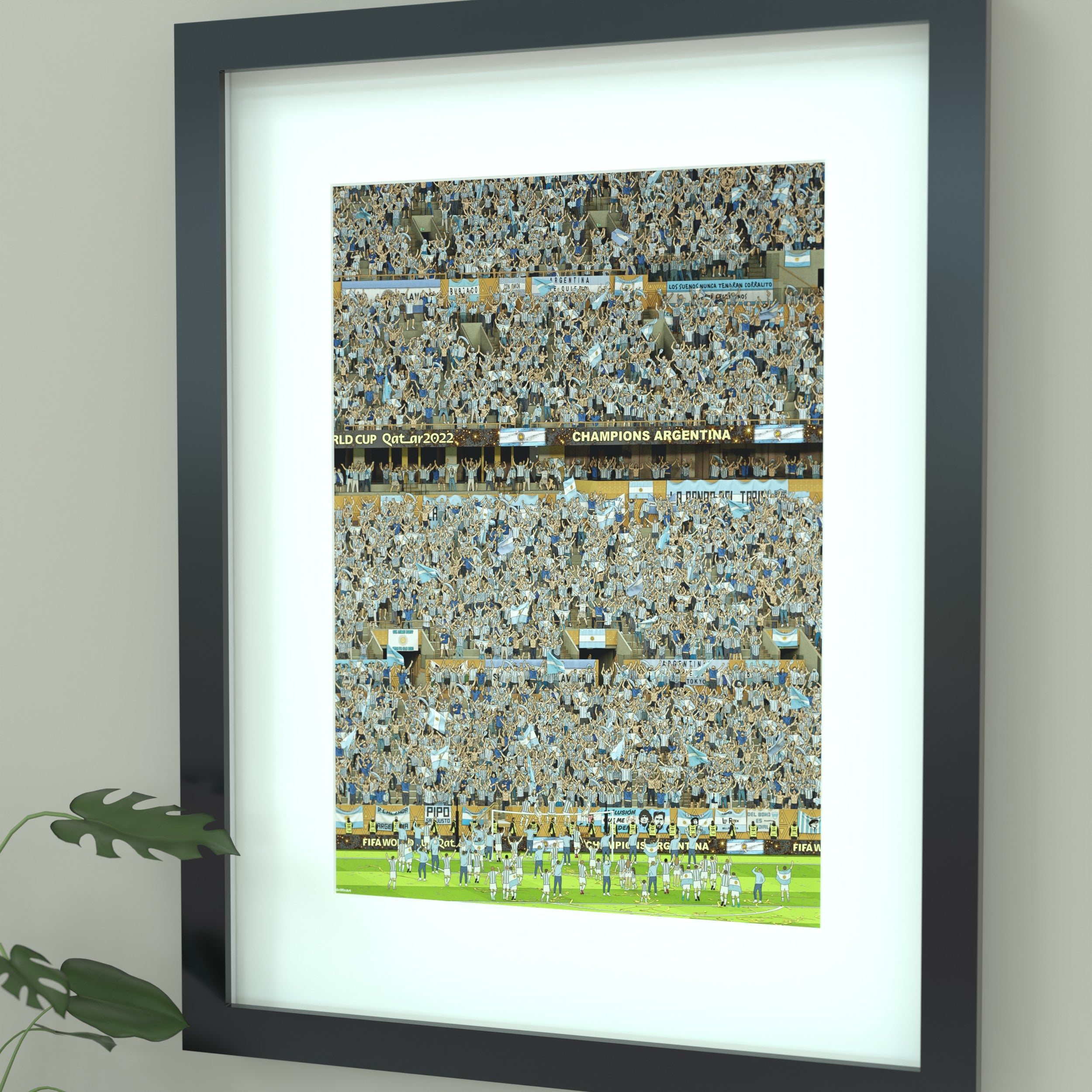 Framed illustrated print of Argentina’s 2022 World Cup triumph, inspired by the team’s historic win and celebratory football imagery.