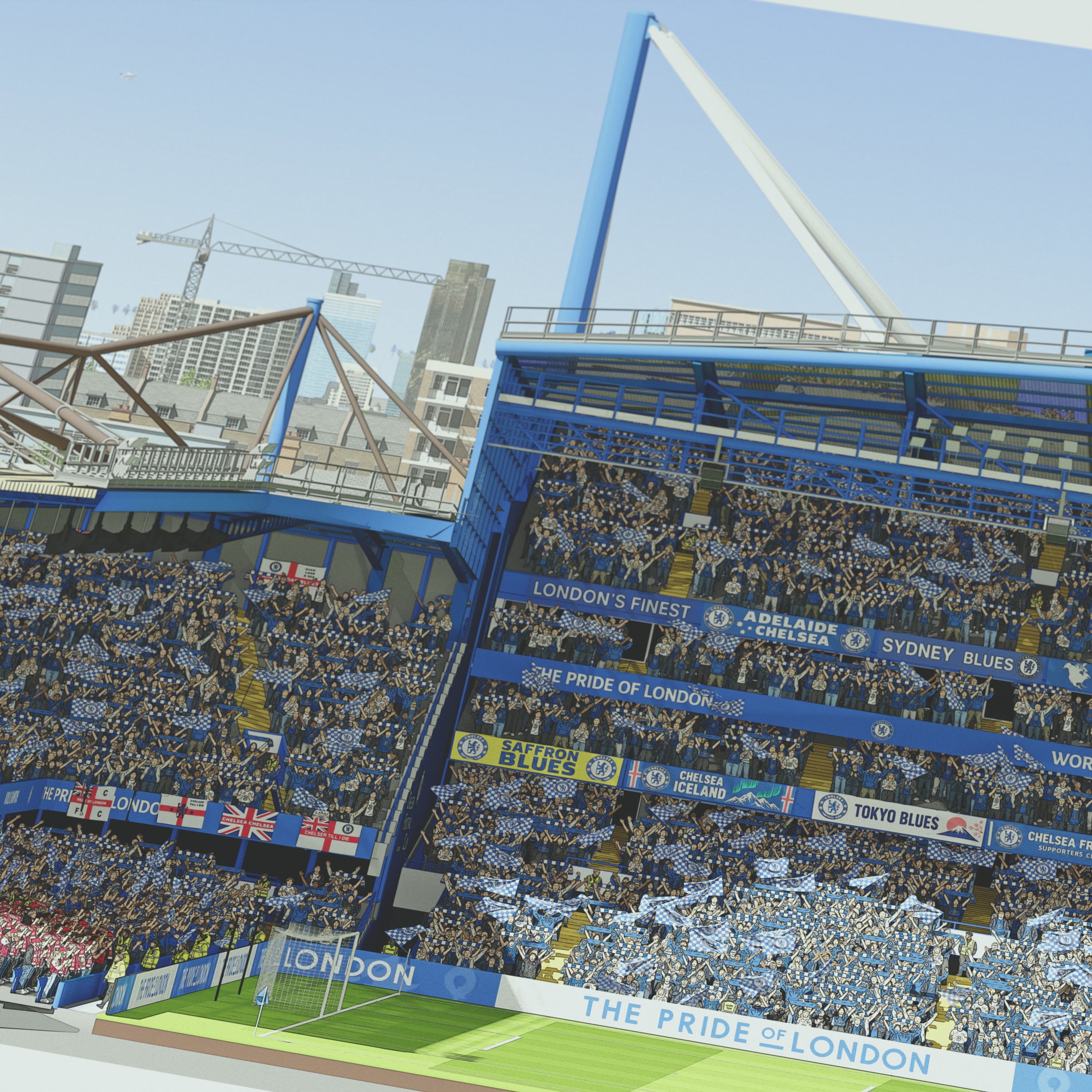 A close up of a framed panoramic print of Chelsea FC’s Stamford Bridge stadium.