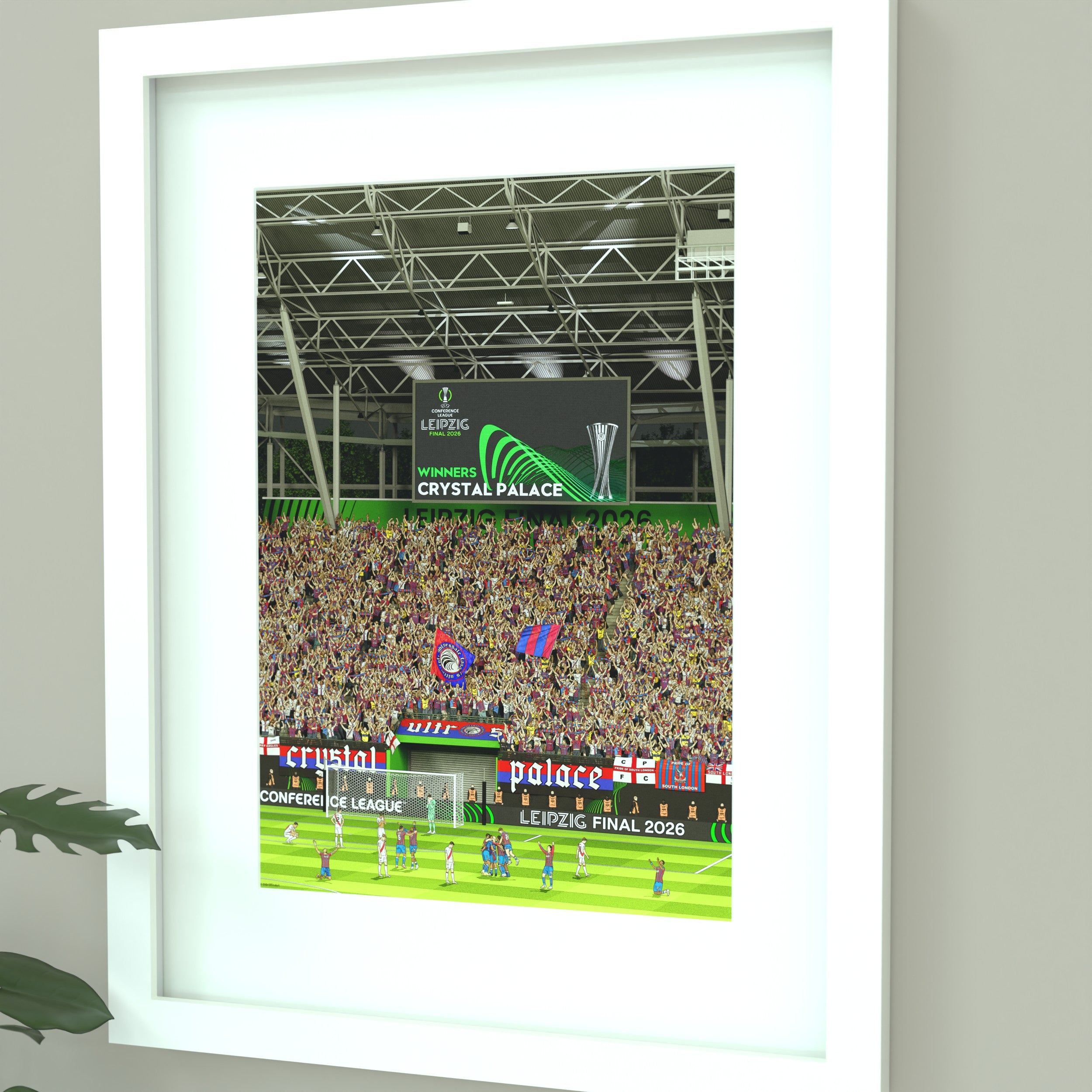 A framed illustrated football print of Crystal Palace’s 2026 UEFA Conference League triumph 