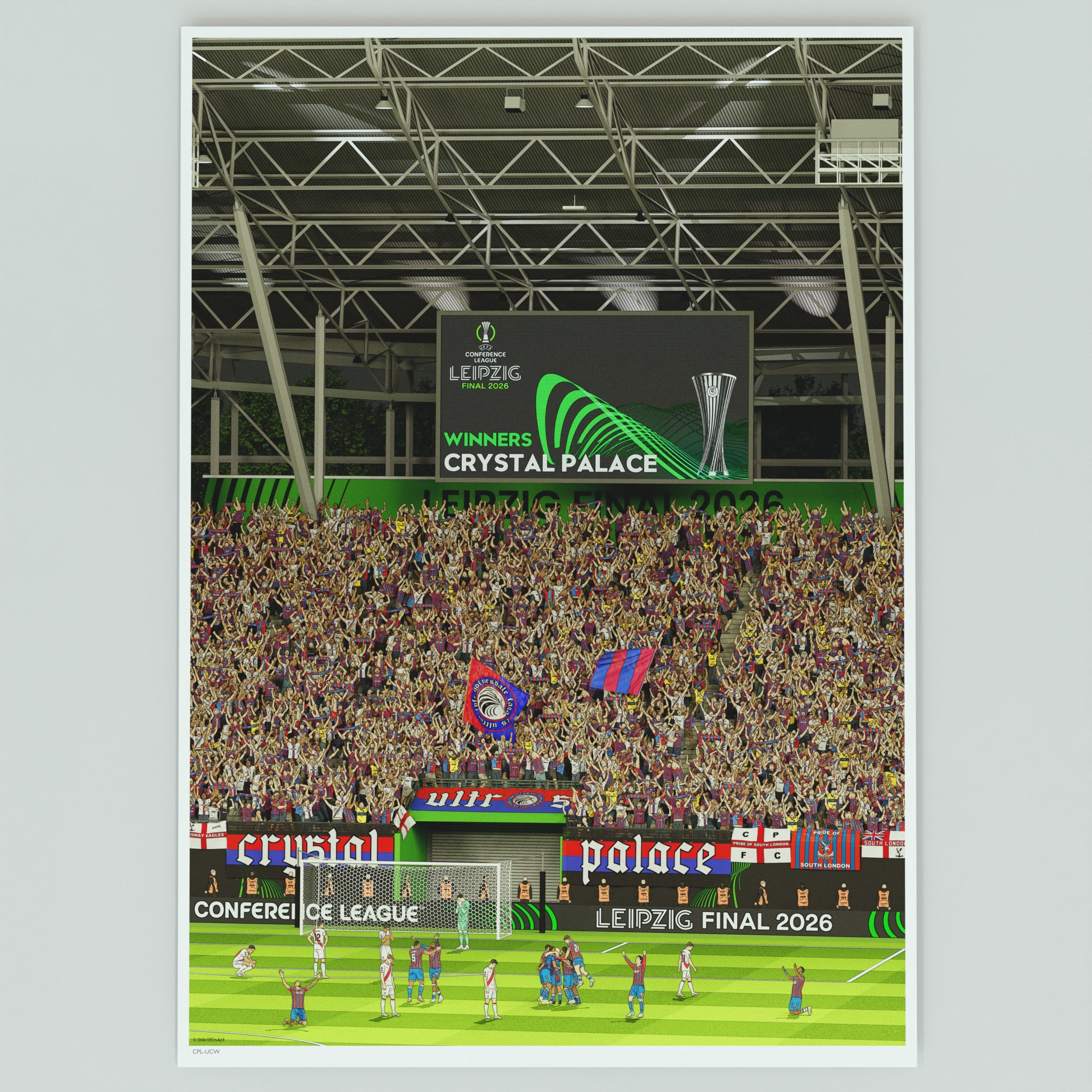 An illustrated football print of Crystal Palace’s 2026 UEFA Conference League triumph 