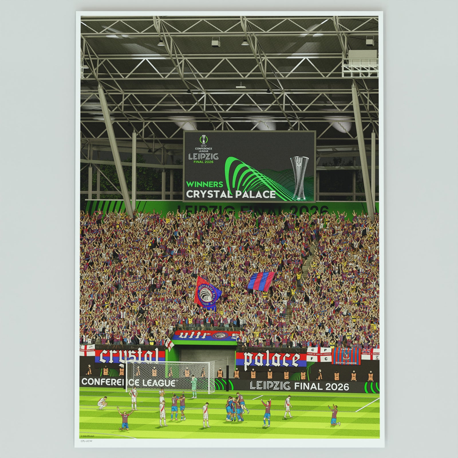 An illustrated football print of Crystal Palace’s 2026 UEFA Conference League triumph 