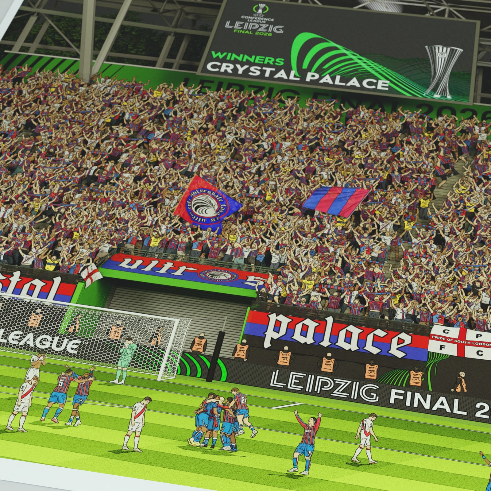 An illustrated football print of Crystal Palace’s 2026 UEFA Conference League triumph 