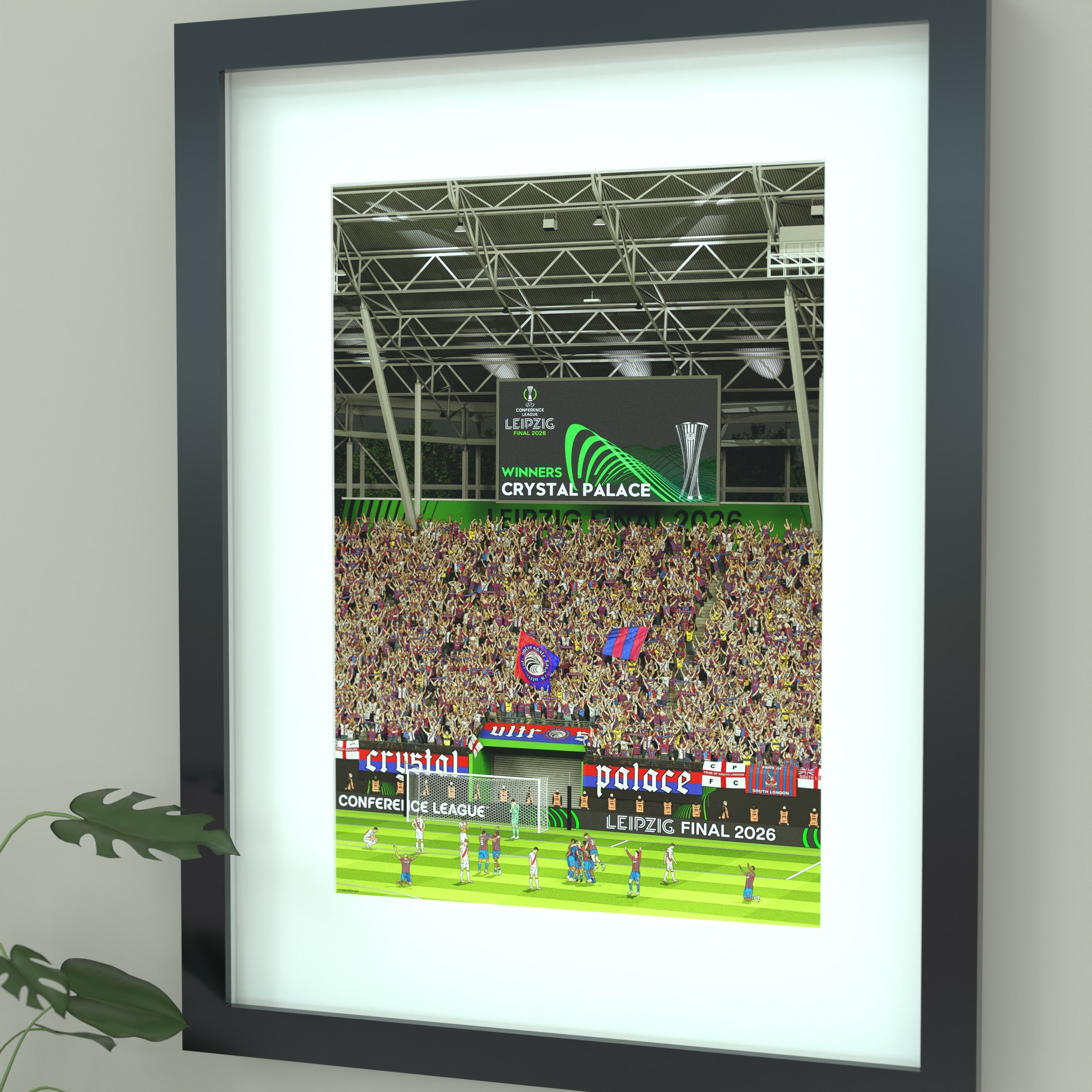 An framed football print of Crystal Palace’s 2026 UEFA Conference League triumph 