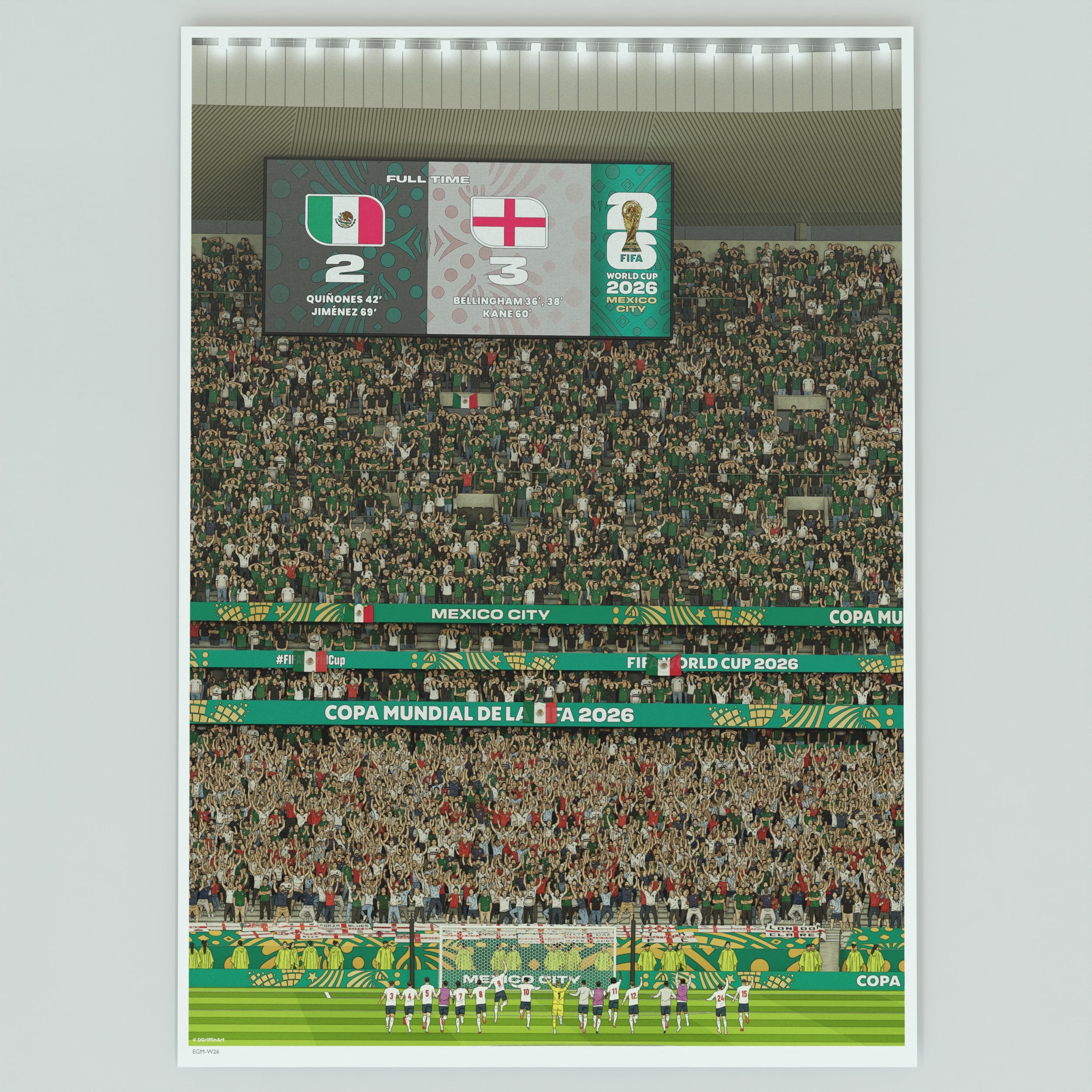 An Illustration of the iconic celebrations following England's historic 3-2 Victory over Mexico at the Azteca Stadium in the 2026 World Cup.
