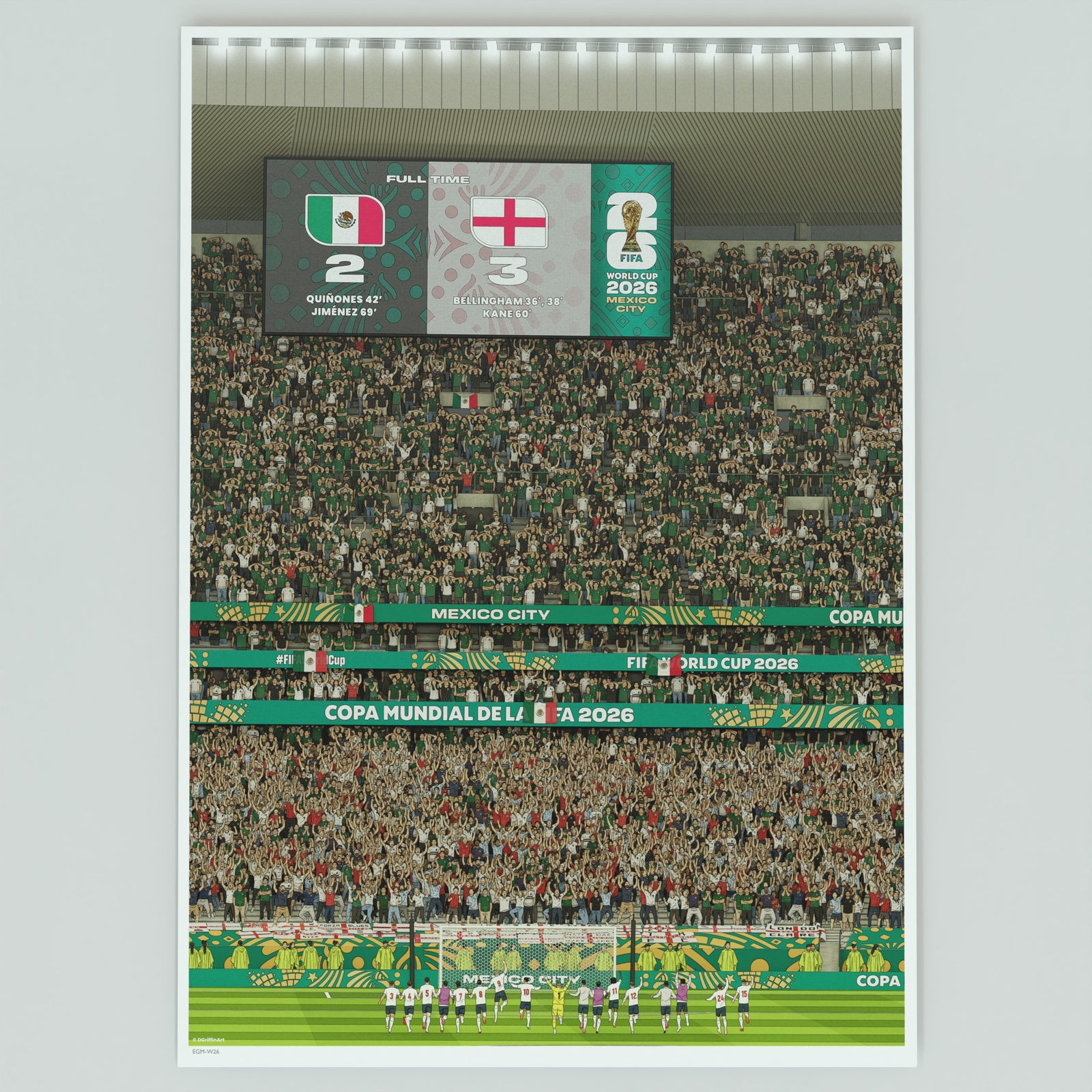An Illustration of the iconic celebrations following England's historic 3-2 Victory over Mexico at the Azteca Stadium in the 2026 World Cup.