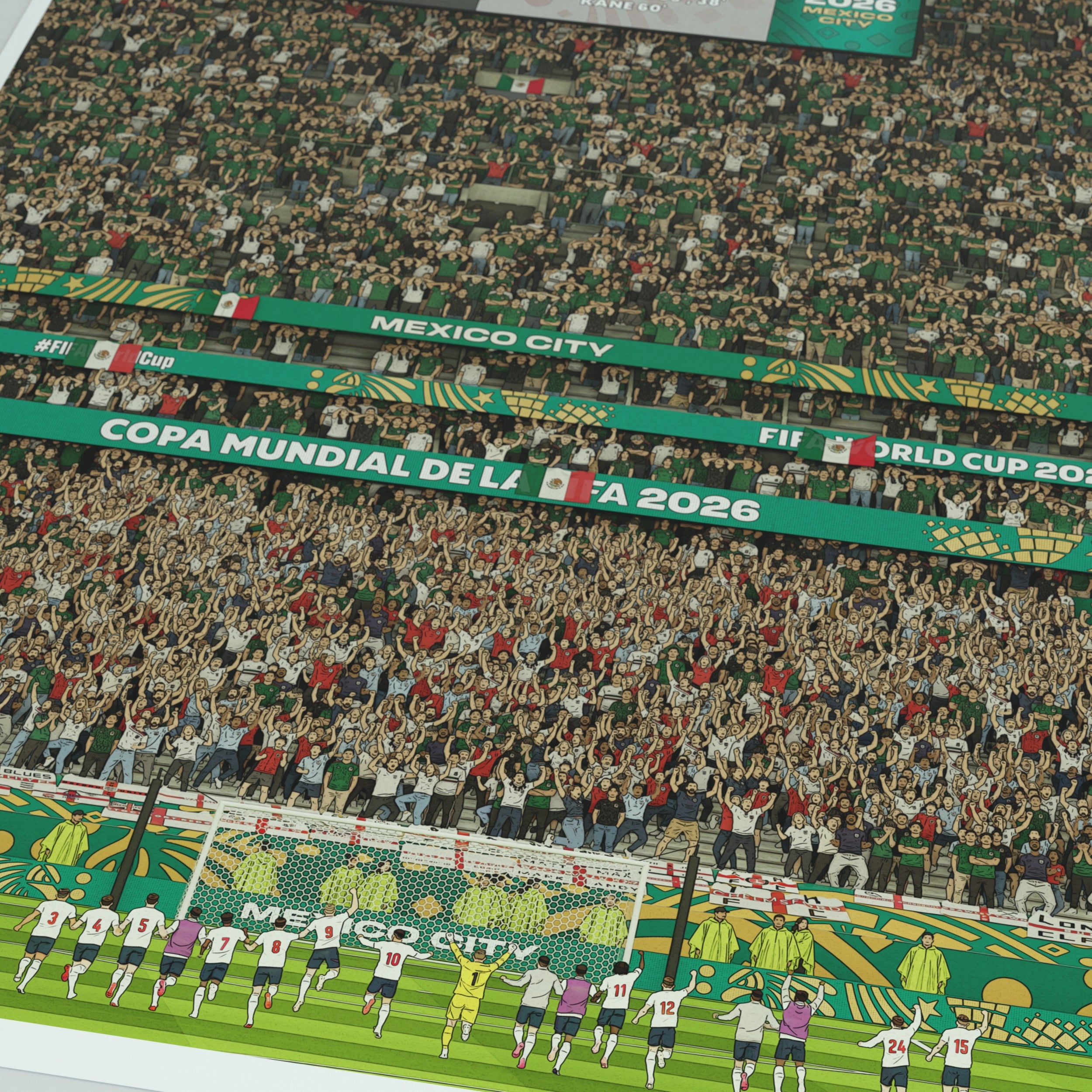 A framed Illustration of England's historic 3-2 Victory over Mexico at the Azteca Stadium in the 2026 World Cup.