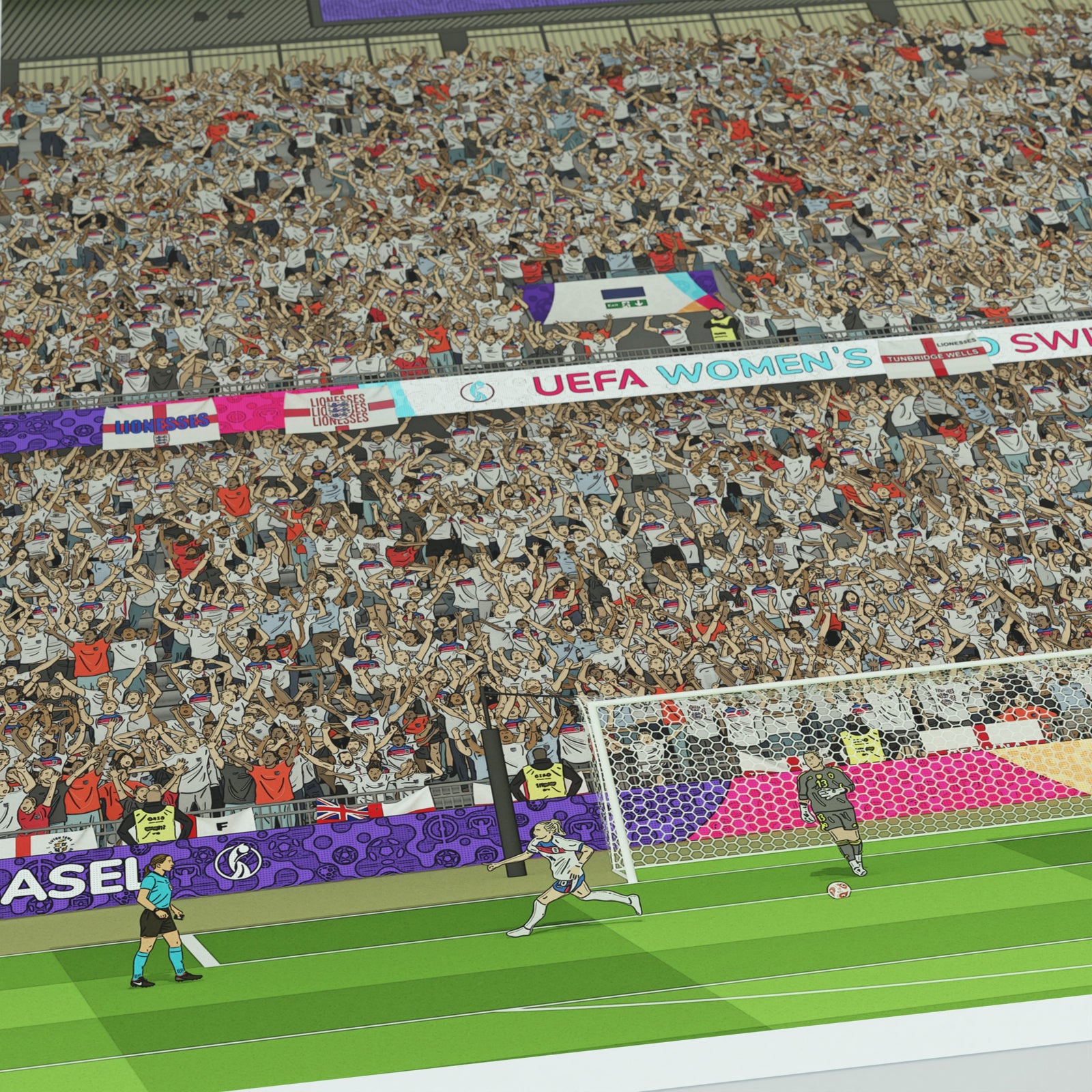 An Illustration of Chloe Kelly celebrating after scoring the winning penalty for England Women in the Euro 2025 final against Spain, held in Basel, Switzerland.