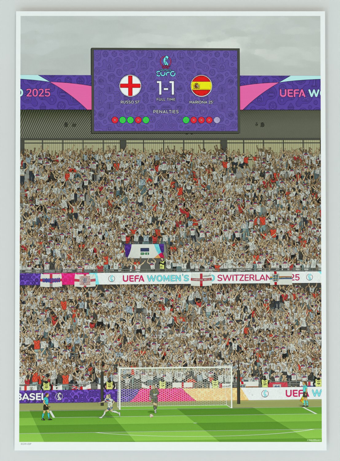 Illustration of Chloe Kelly celebrating after scoring the winning penalty for England Women in the Euro 2025 final against Spain, held in Basel, Switzerland.