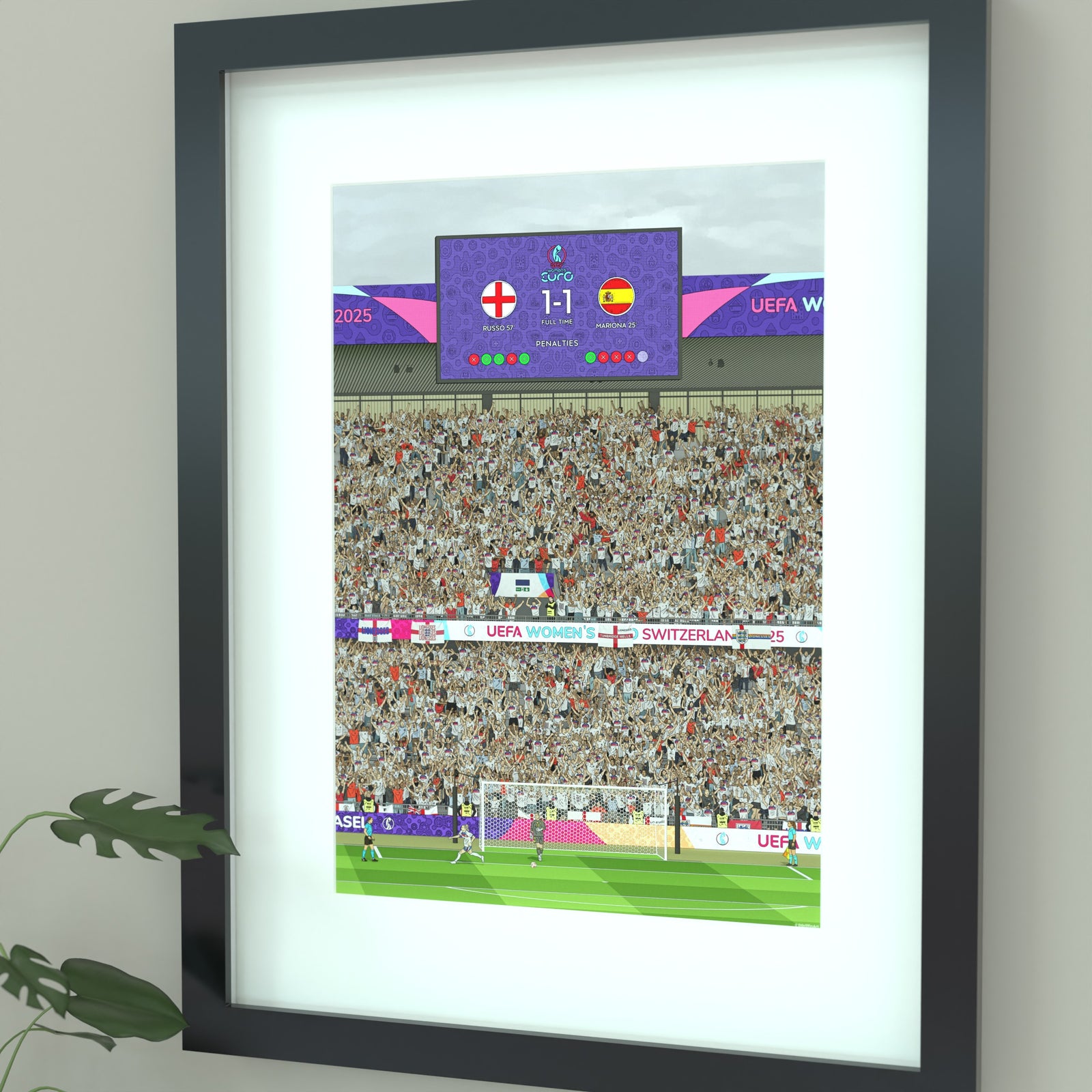 a framed Illustration of Chloe Kelly celebrating after scoring the winning penalty for England Women in the Euro 2025 final against Spain, held in Basel, Switzerland.