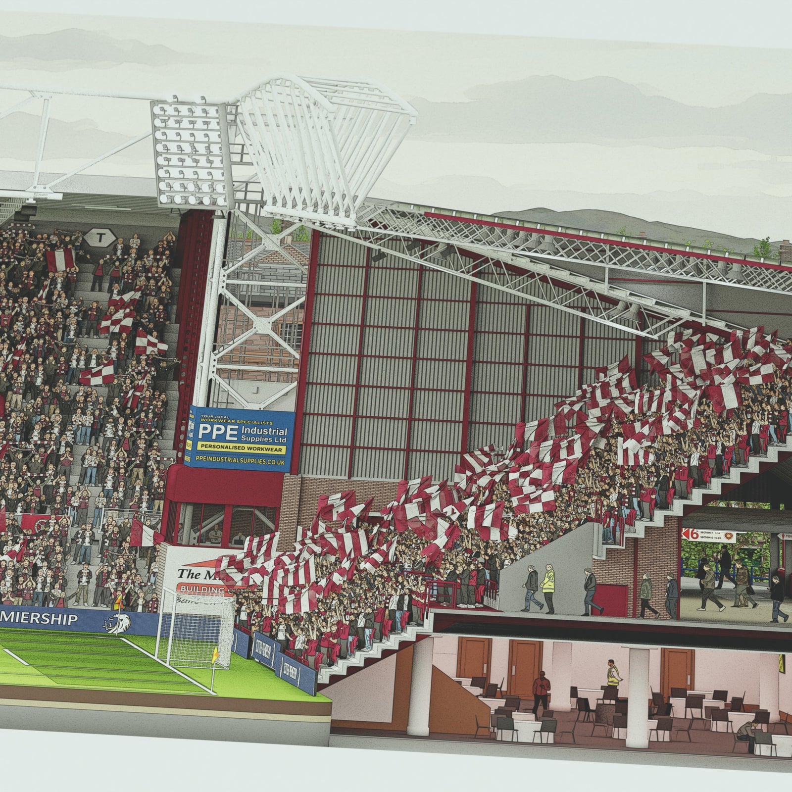 Panoramic Illustrated print of Tynecastle Park stadium