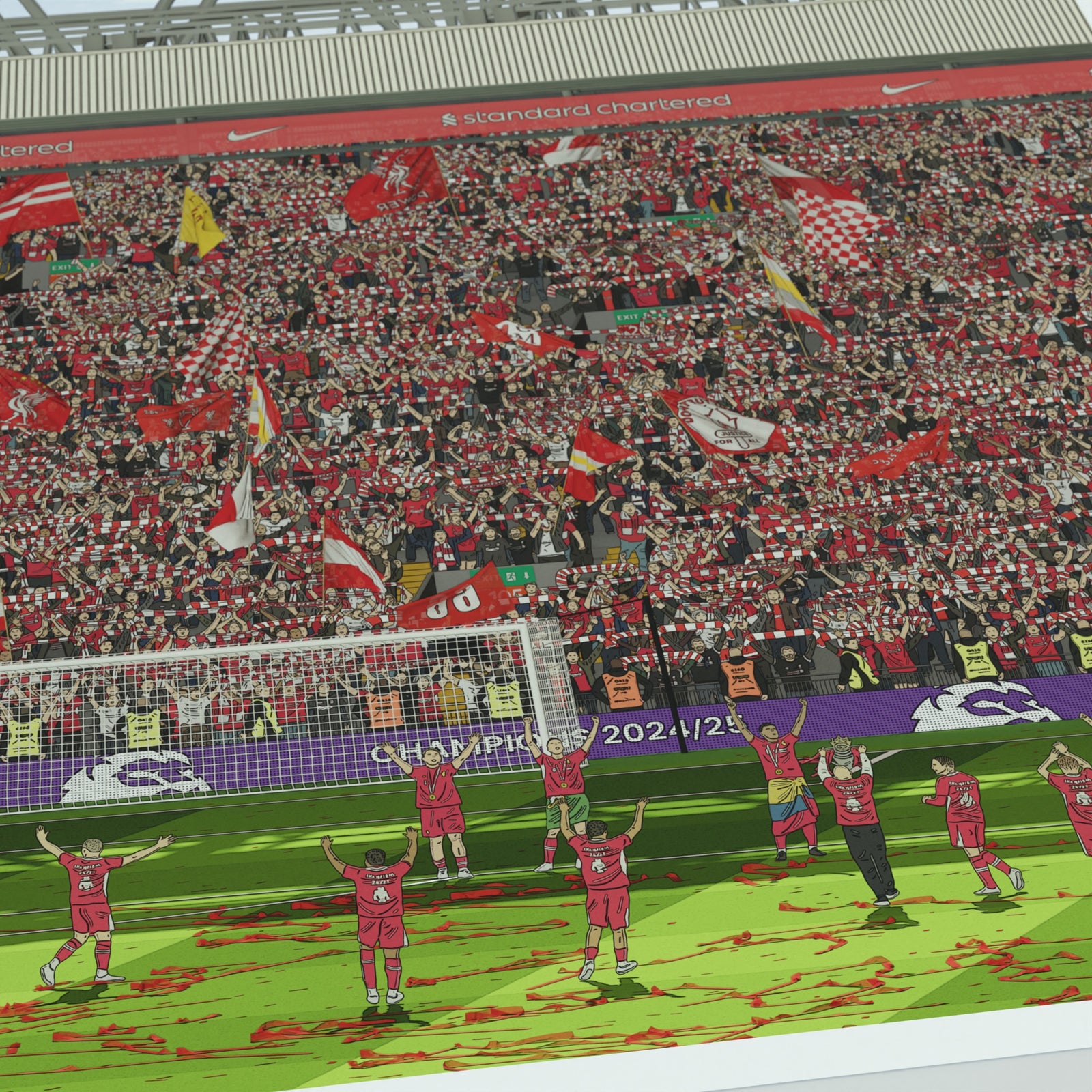 Art print celebrating Liverpool as 2025 Premier League champions, featuring Anfield and The Kop.