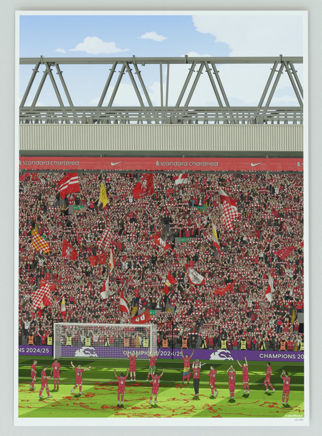 Art print celebrating Liverpool as 2025 Premier League champions, featuring Anfield and The Kop.
