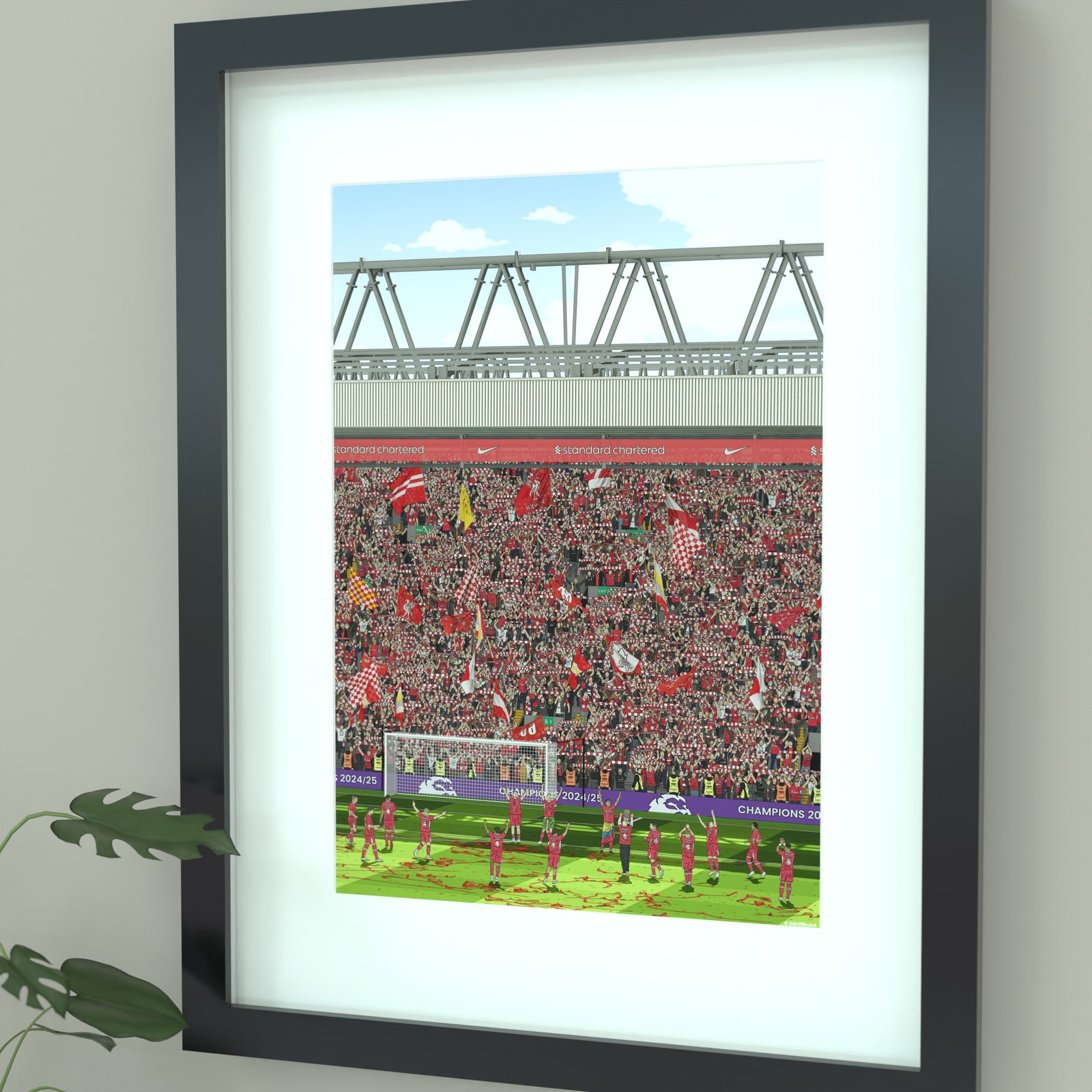 Art print celebrating Liverpool as 2025 Premier League champions, featuring Anfield and The Kop.