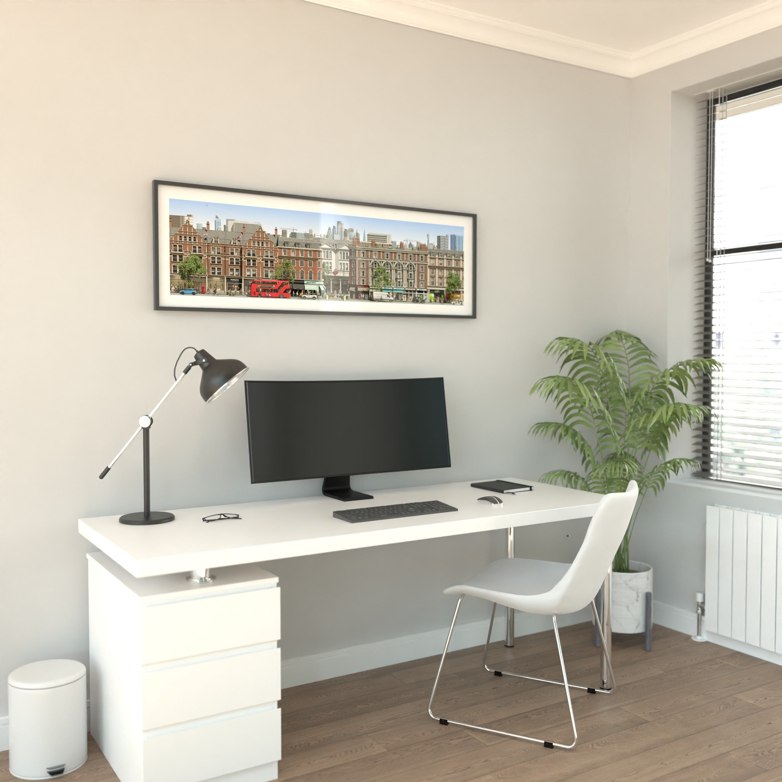 Illustrated London skyline and riverside life in one wide scene