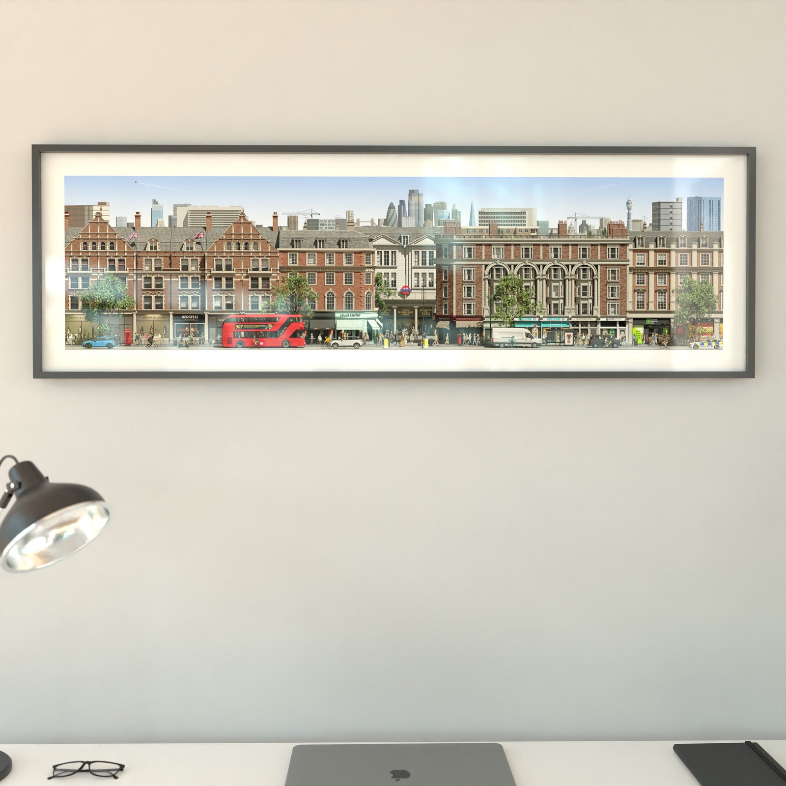 Panoramic illustrated London with City views and city landmarks