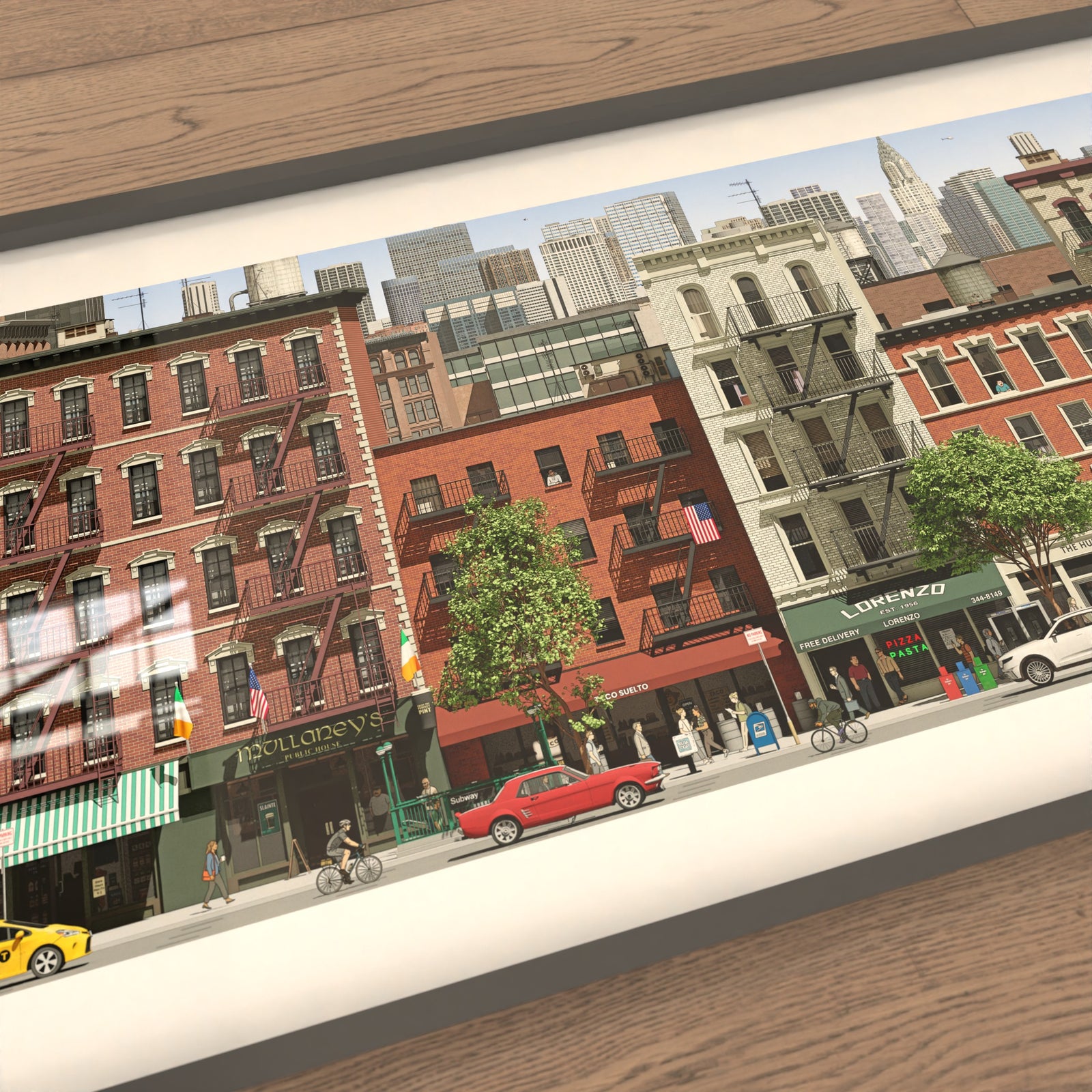 Panoramic illustrated New York tenements with bustling street life