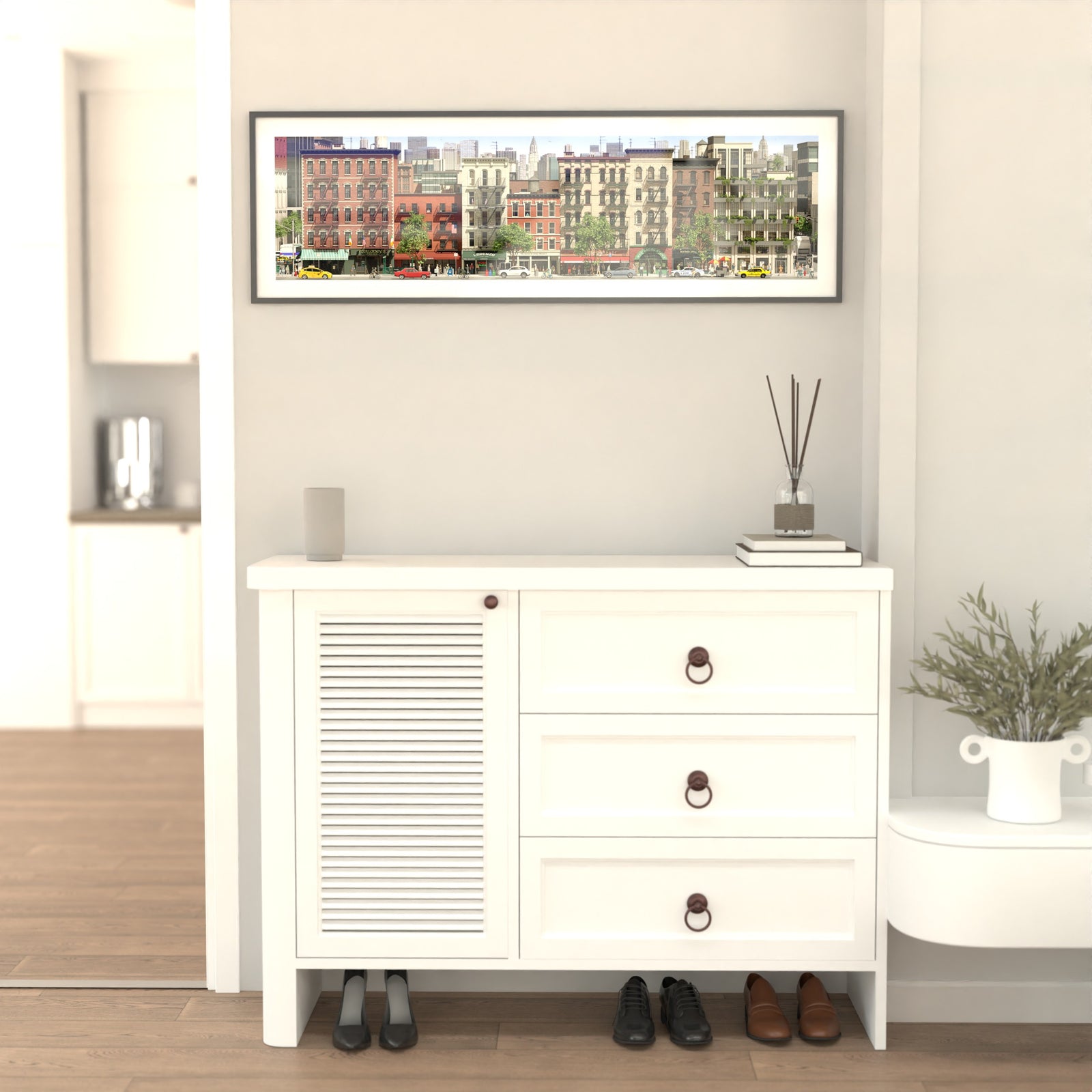 Illustrated NYC neighborhood panorama with iconic brick facades