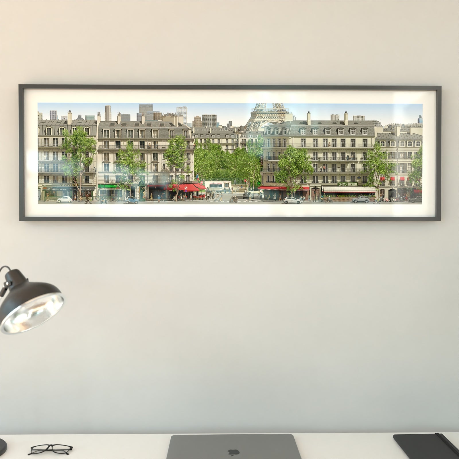 Panoramic illustrated Paris with café terraces and rooftops