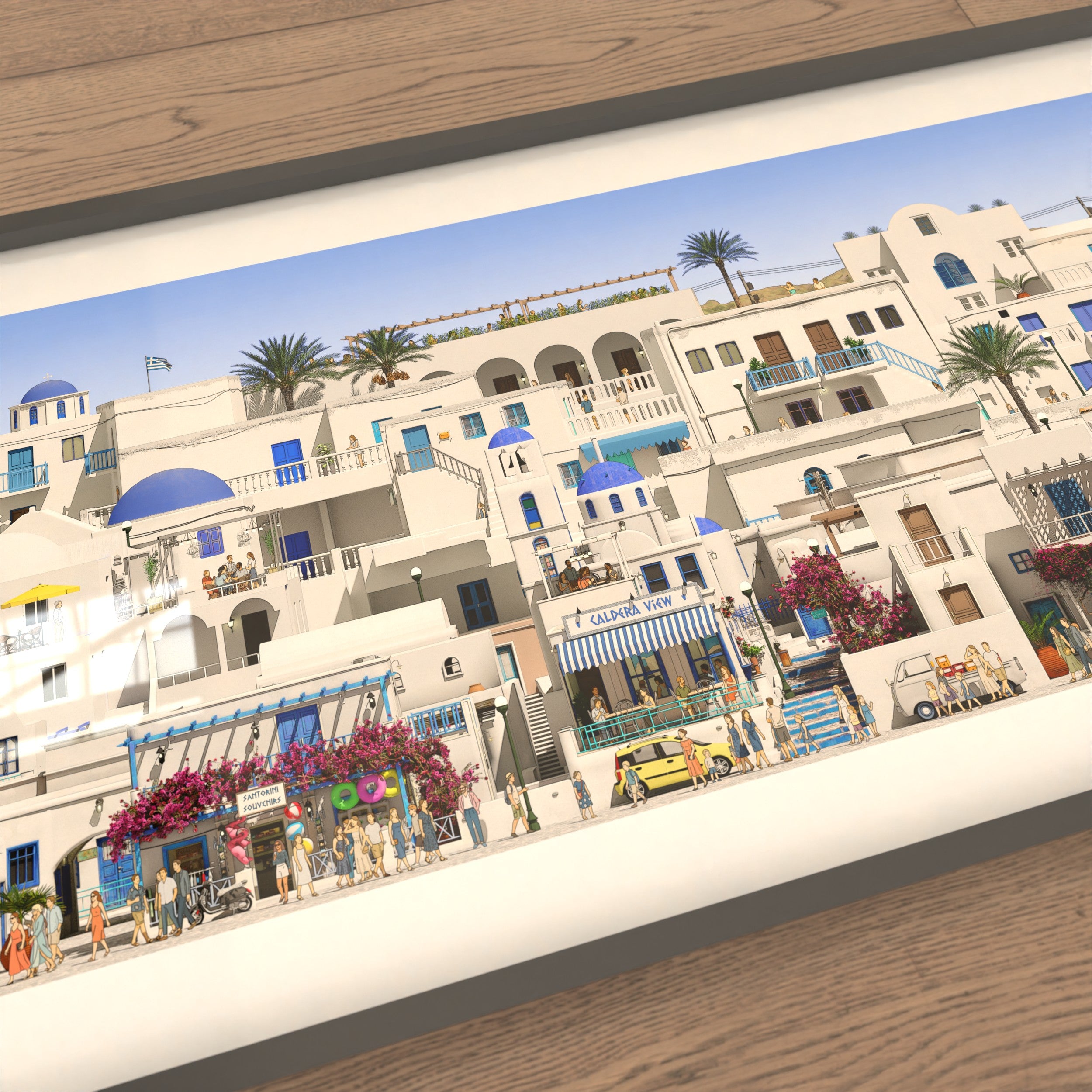 Hyper-detailed cliffside scene of Santorini’s chapels and steps