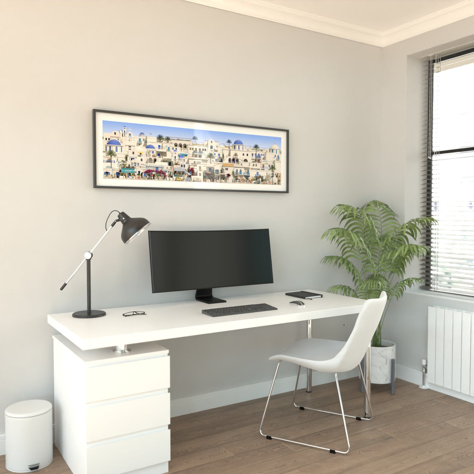 Illustrated Greek island rooftops and winding paths in wide format