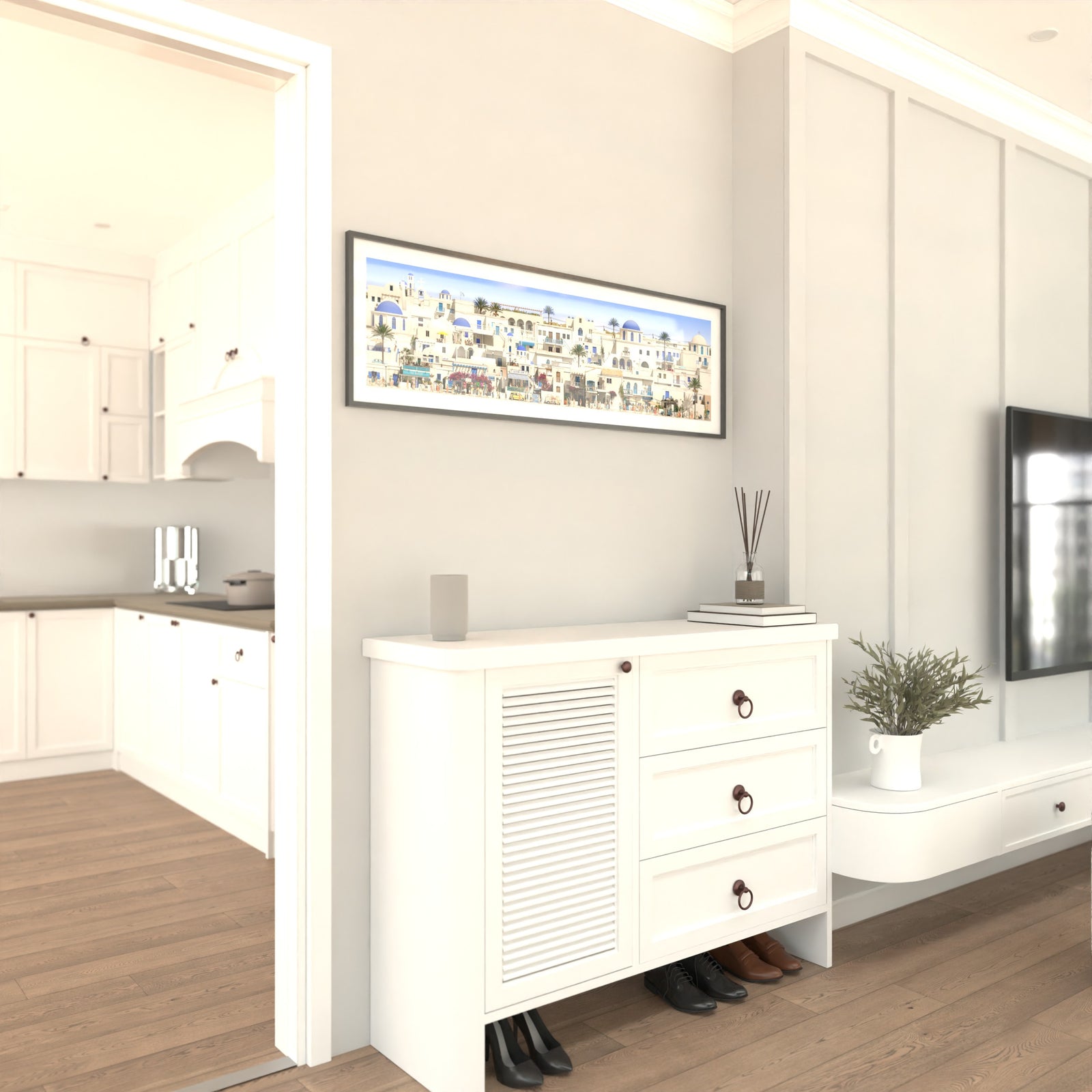 Calm Santorini coastal scene with distinctive blue domes