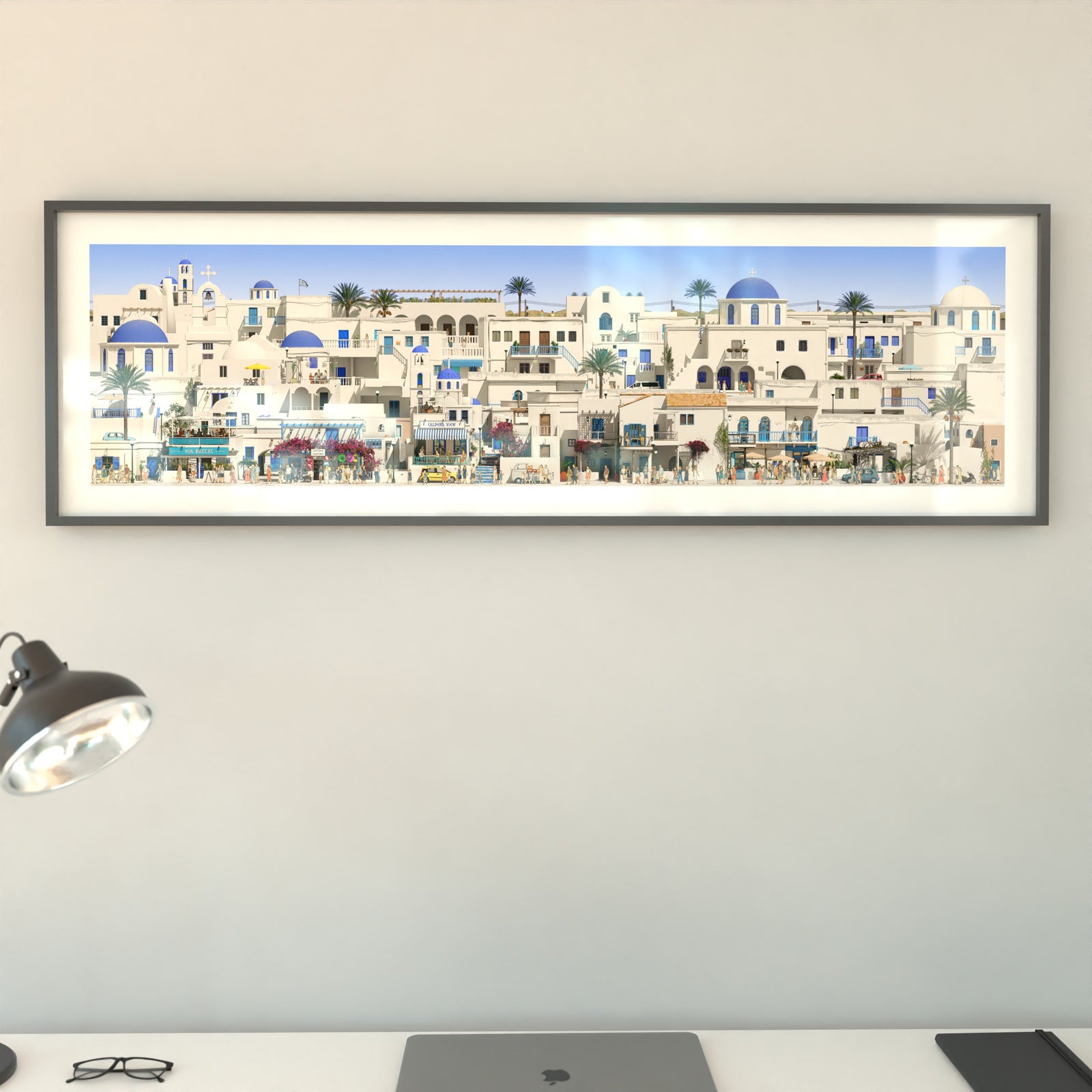 Panoramic illustrated Santorini with whitewashed lanes and blue domes