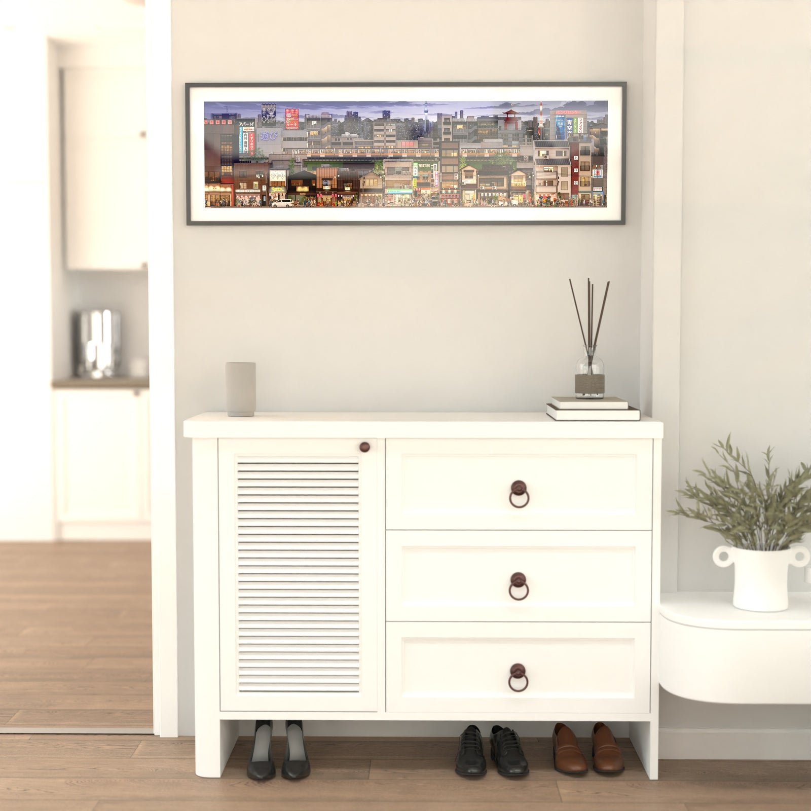 Energetic Tokyo street view in a dense, panoramic illustration