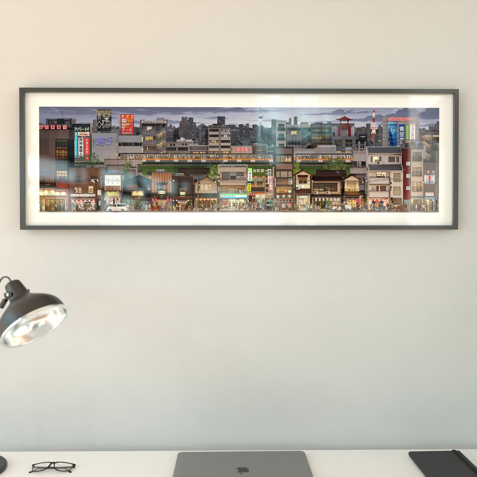 Panoramic illustrated Tokyo with neon signs and side-street eateries