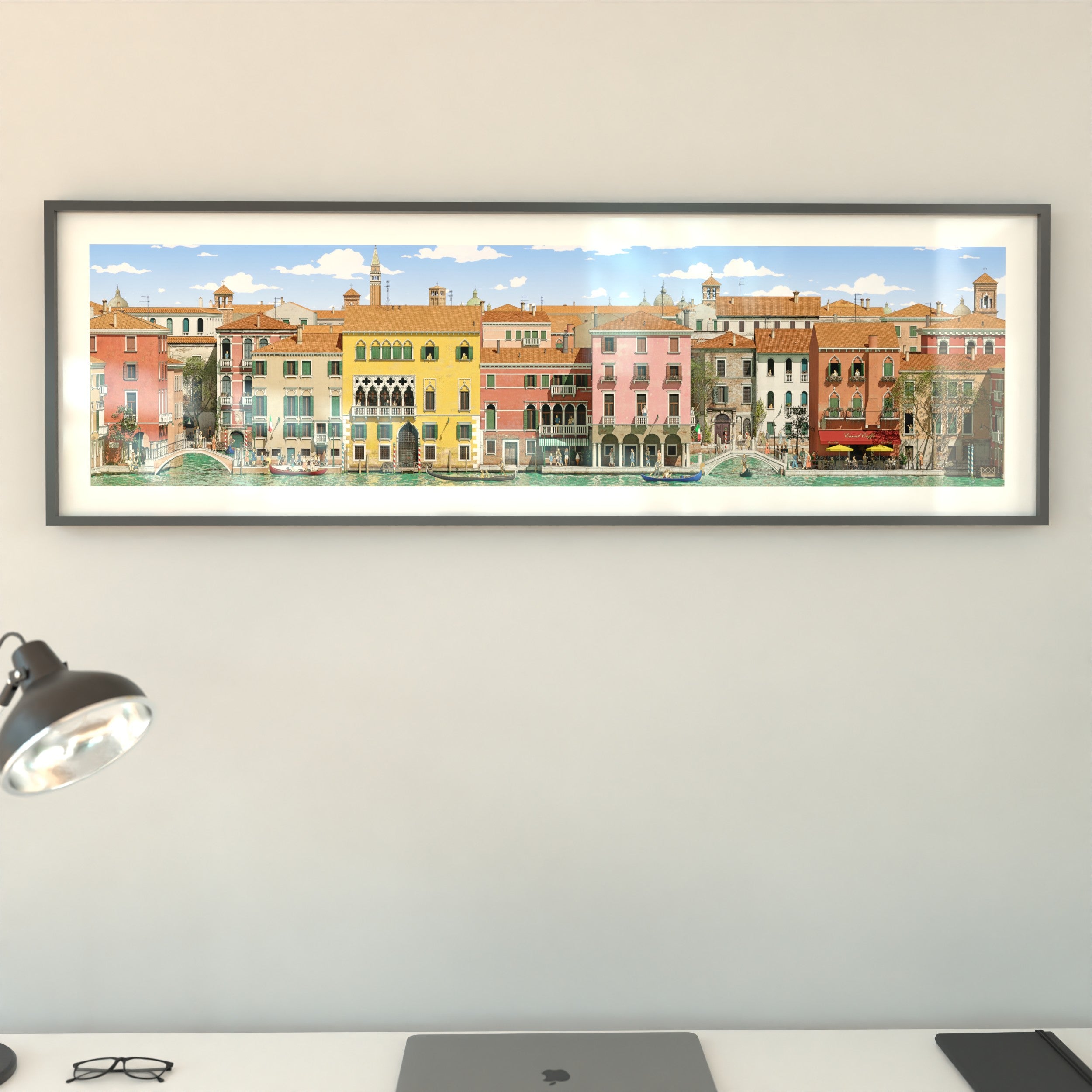 Panoramic illustrated Venice with canals, gondolas, and bridges