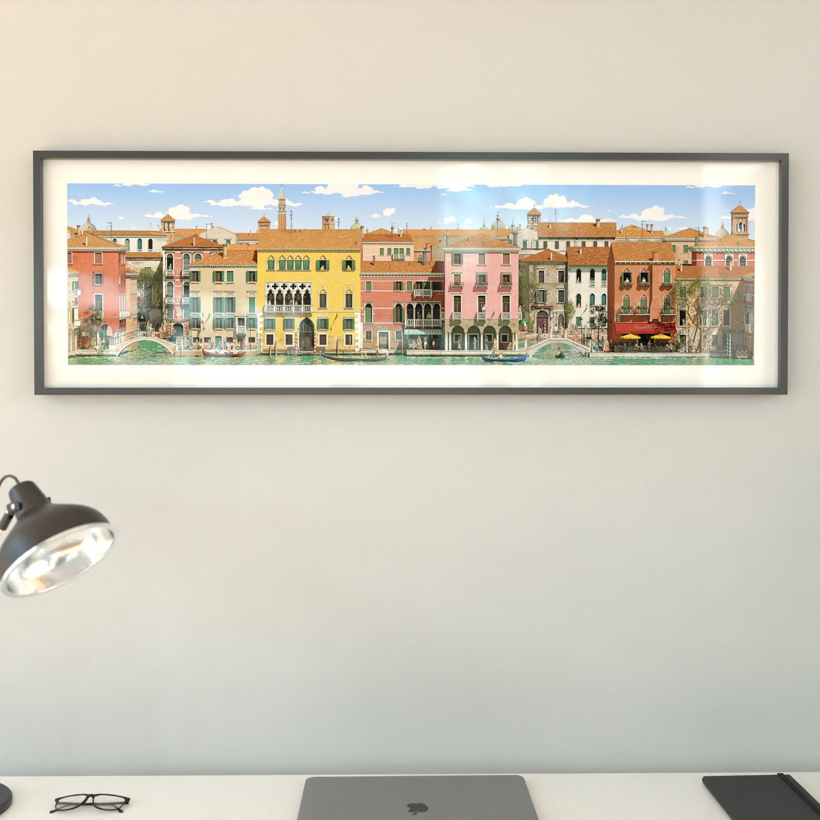 Panoramic illustrated Venice with canals, gondolas, and bridges