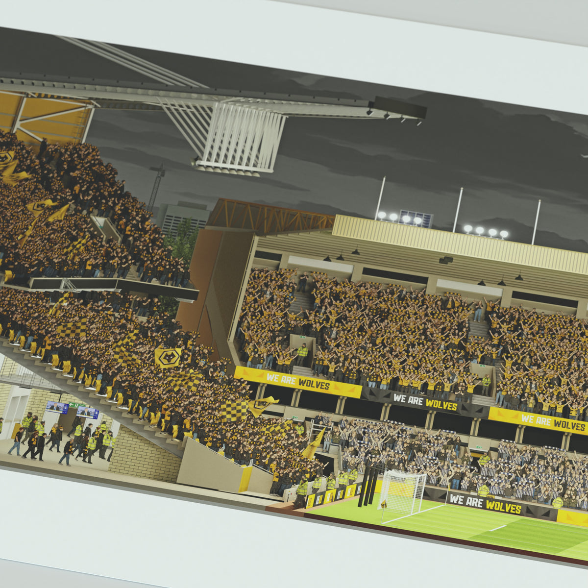 A panoramic art print of a Wolves' Molineux stadium, mounted on a light gray wall. The print features a detailed illustration of a stadium filled with yellow and black clad fans under a dark sky.