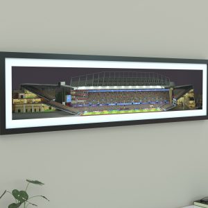 A panoramic print of Villa Park on a Champions League night, packed with fans as Aston Villa faces Bayern under bright floodlights.