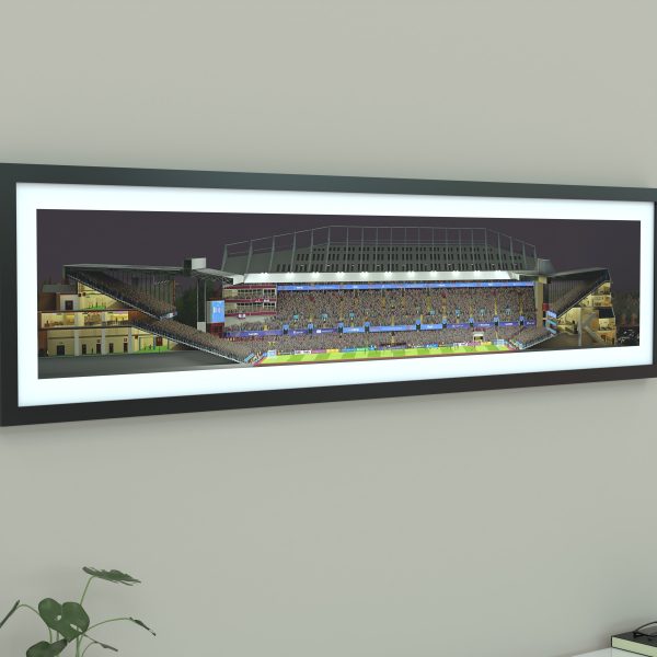 A panoramic print of Villa Park on a Champions League night, packed with fans as Aston Villa faces Bayern under bright floodlights.