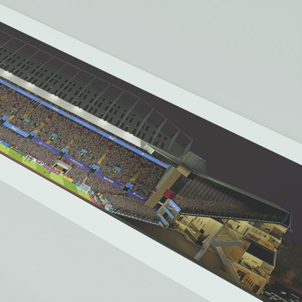 A panoramic print of Villa Park on a Champions League night, packed with fans as Aston Villa faces Bayern under bright floodlights.