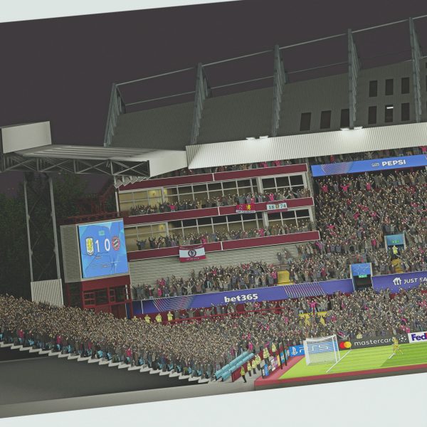 A panoramic print of Villa Park on a Champions League night, packed with fans as Aston Villa faces Bayern under bright floodlights.