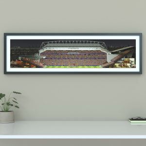A panoramic cross-sectional illustration of Anfield on a Champions League night, with fans filling the stands and the pitch illuminated by bright floodlights.