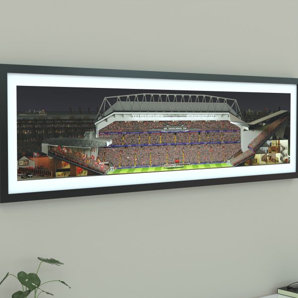 A panoramic cross-sectional illustration of Anfield on a Champions League night, with fans filling the stands and the pitch illuminated by bright floodlights.