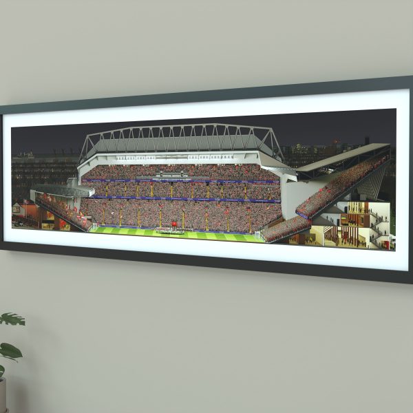A panoramic cross-sectional illustration of Anfield on a Champions League night, with fans filling the stands and the pitch illuminated by bright floodlights.