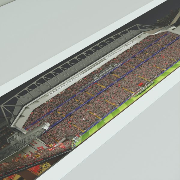 A panoramic cross-sectional illustration of Anfield on a Champions League night, with fans filling the stands and the pitch illuminated by bright floodlights.