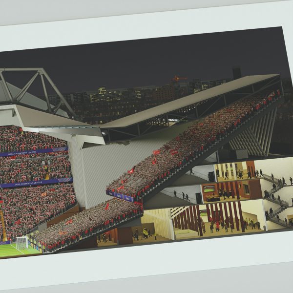 A panoramic cross-sectional illustration of Anfield on a Champions League night, with fans filling the stands and the pitch illuminated by bright floodlights.