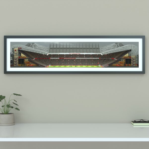 A panoramic cross-sectional illustration of Old Trafford during an FA Cup match, with fans packed in the stands and the pitch under floodlights.