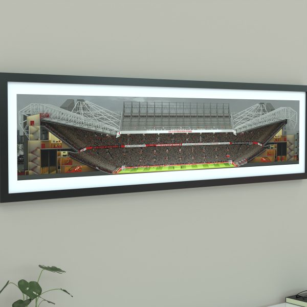 A panoramic cross-sectional illustration of Old Trafford during an FA Cup match, with fans packed in the stands and the pitch under floodlights.