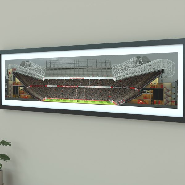 A panoramic cross-sectional illustration of Old Trafford during an FA Cup match, with fans packed in the stands and the pitch under floodlights.