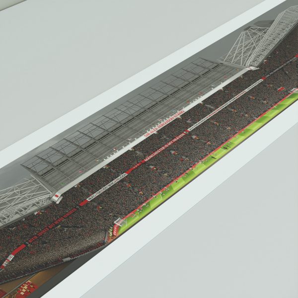 A panoramic cross-sectional illustration of Old Trafford during an FA Cup match, with fans packed in the stands and the pitch under floodlights.