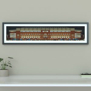 A panoramic illustration of fans walking to Ibrox at night in the snow, heading to the game with the stadium lit up in the background.
